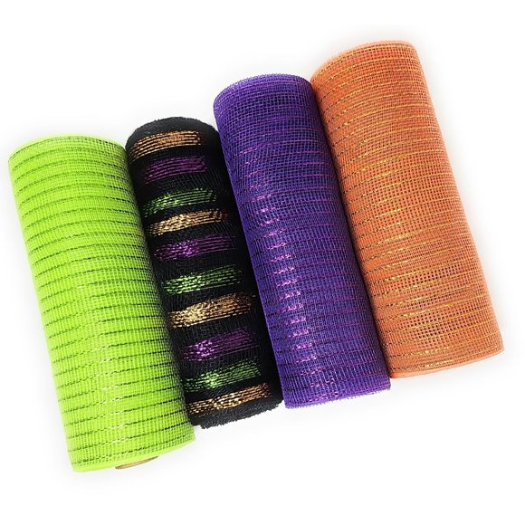 Halloween 10" x 30 Feet Deco Mesh Ribbon (Lime, Stripes, Purple, Orange) - Picture 2 of 4